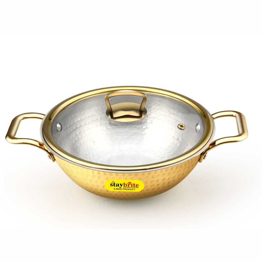 Brass Kadhai with Glass Lid– Premium Wok with Heat-Resistant Transparent Lid for Indian Cooking
