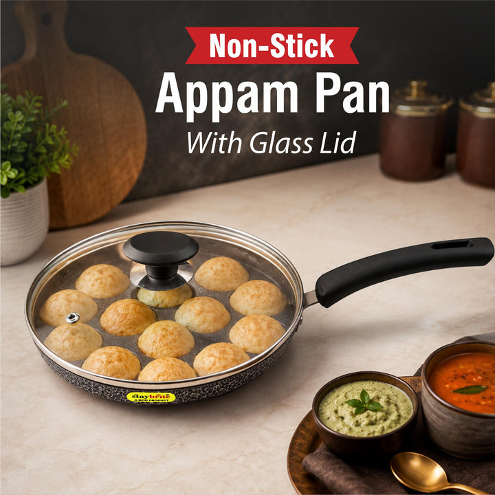 Staybrite Non-Stick Appam Pan with Glass Lid 20 CM | Appam Maker