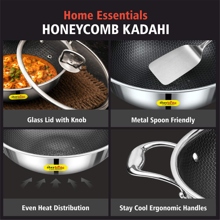 Staybrite Triply Honeycomb Kadai with Glass Lid
