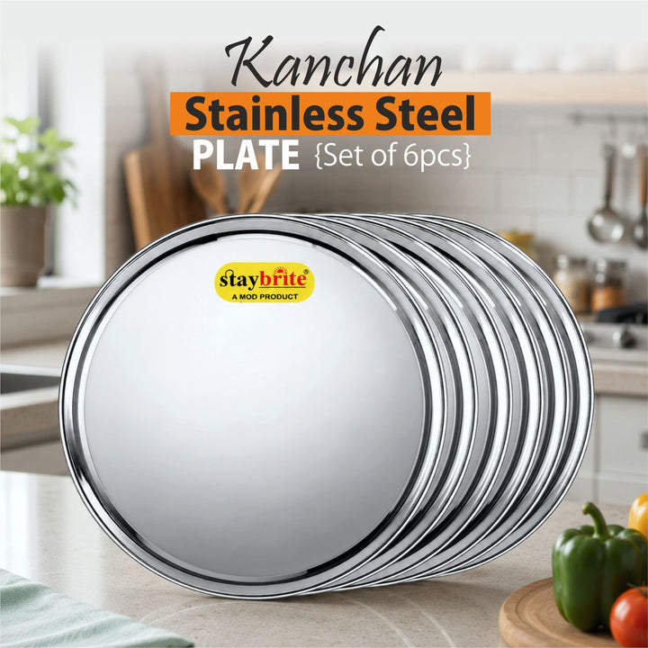 Staybrite Stainless Steel Kanchan Begi Plate Set of 6 | Dinner Plate Set