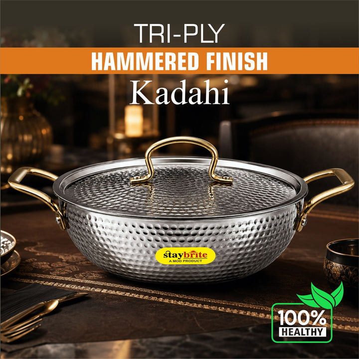 Triply Mathar Kadai with Hammered Lid | 3-Ply Stainless Steel Kadai