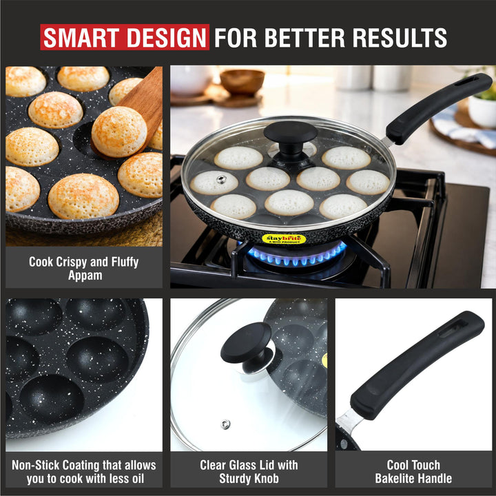 Staybrite Non-Stick Appam Pan with Glass Lid 20 CM | Appam Maker