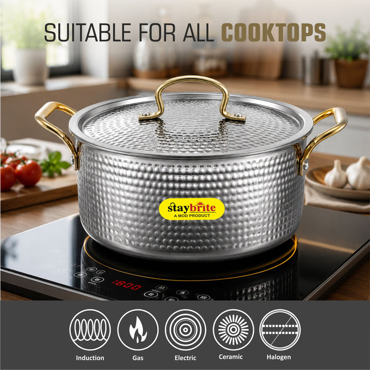 Triply Hammered  Stock Pot | 3-Ply Stainless Steel Stock Pot for Even &amp; Healthy Cooking