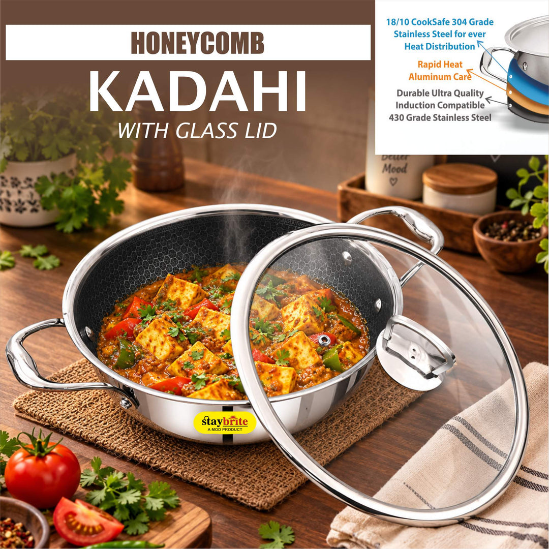 Staybrite Triply Honeycomb Kadai with Glass Lid