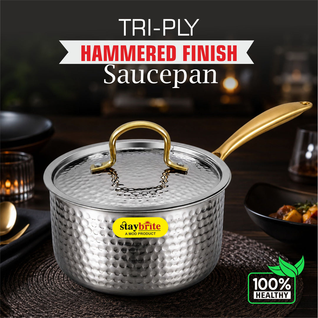 Triply Hammered Saucepan – 3-Ply Stainless Steel Sauce Pan for Even Heating &amp; Healthy Cooking