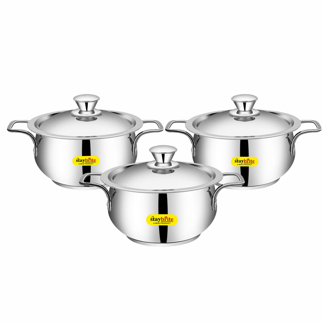 Staybrite Stainless Steel Cook and Serve Handi Set | 3-Piece (14, 16 &amp; 18 CM) with Steel Lid