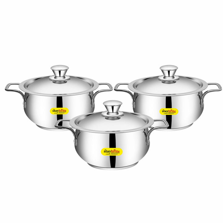 Staybrite Stainless Steel Cook and Serve Handi Set | 3-Piece (14, 16 &amp; 18 CM) with Steel Lid