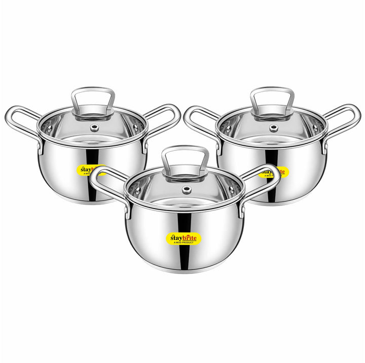Staybrite Stainless Steel Cook and Serve Handi Set | 3-Piece (14, 16 &amp; 18 CM) with Glass Lid