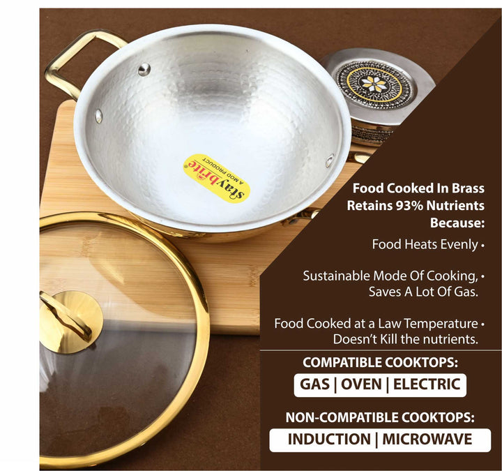 Brass Kadhai with Glass Lid– Premium Wok with Heat-Resistant Transparent Lid for Indian Cooking