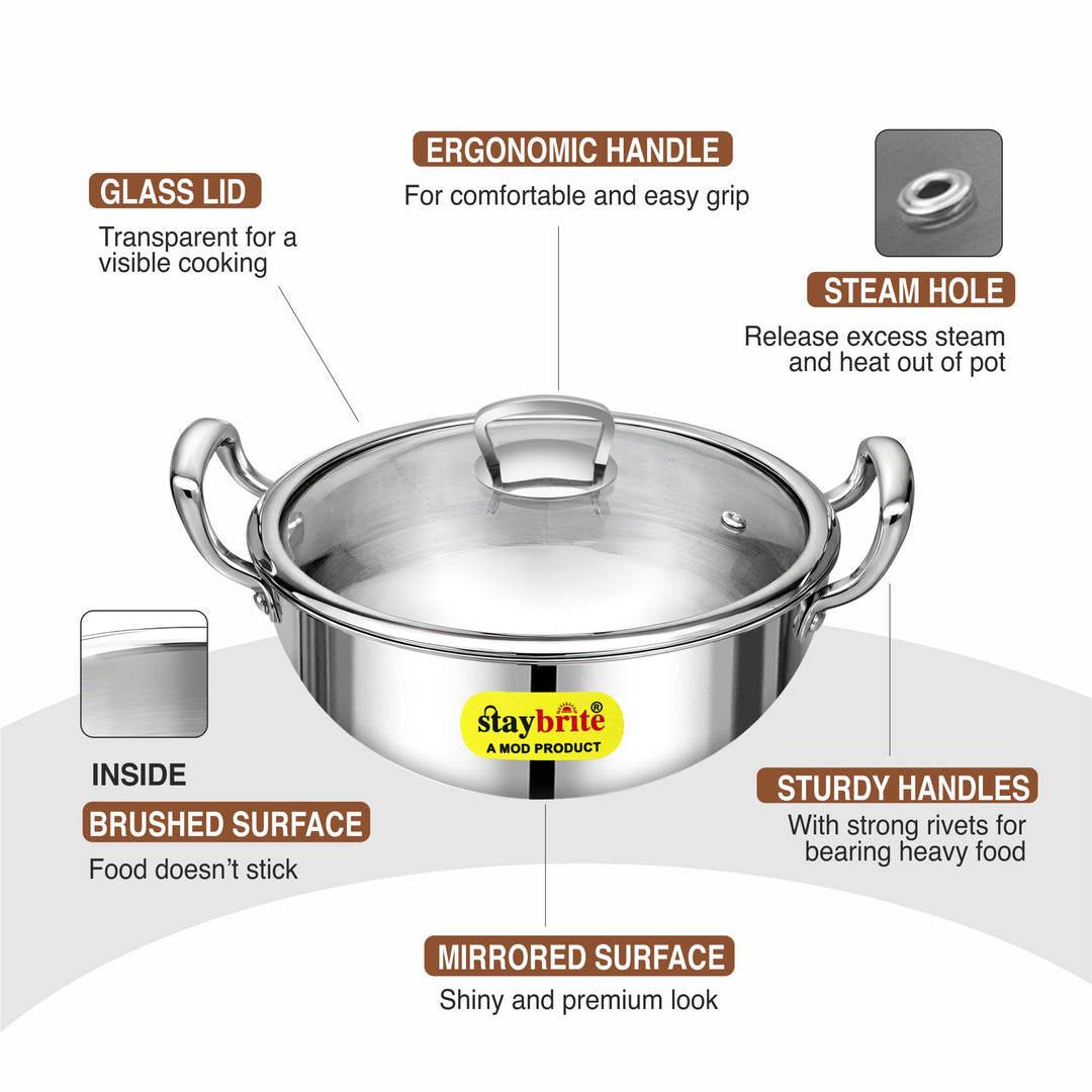 Triply Deep Kadai | 3-Ply Stainless Steel for Even Heat Cooking