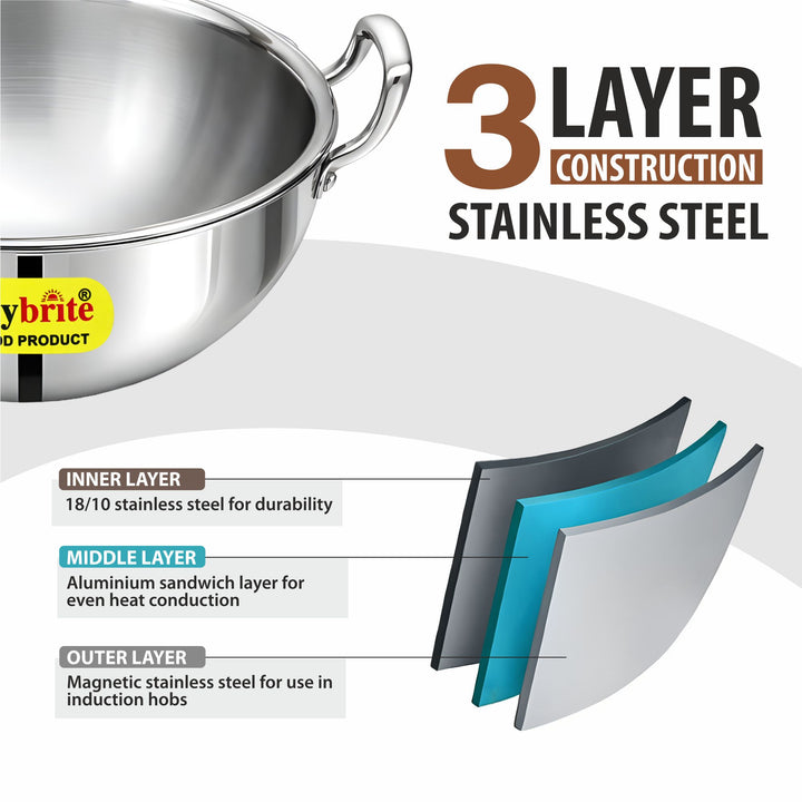 Triply Deep Kadai | 3-Ply Stainless Steel for Even Heat Cooking