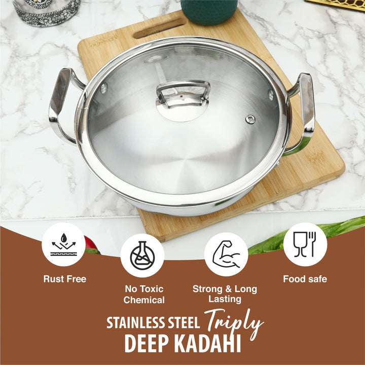 Triply Deep Kadai | 3-Ply Stainless Steel for Even Heat Cooking